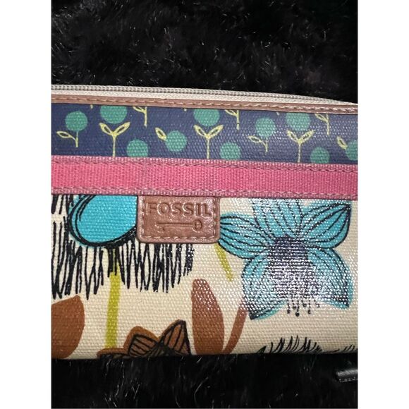 bag Wallet FOSSIL  key-per card slots canvas flowers water resistant - Picture 2 of 4